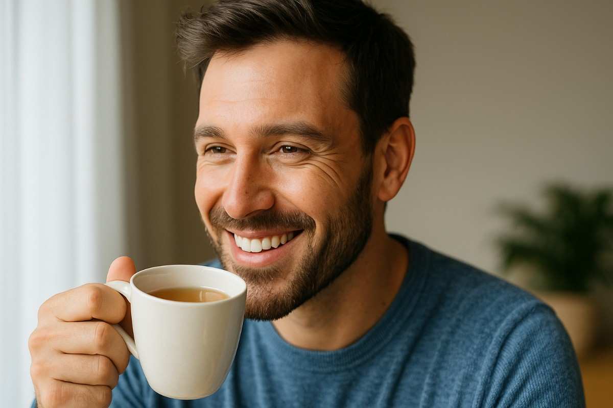 Smiling man enjoying a drink with healthy teeth, representing confidence after dental implant treatment