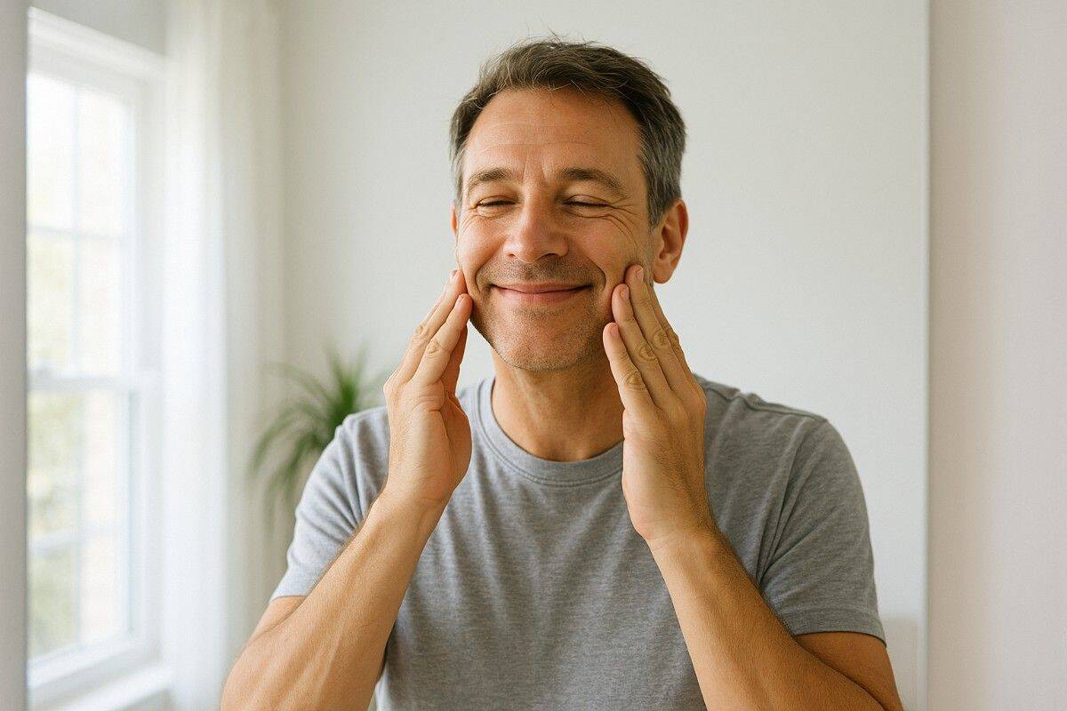 Smiling man touching cheeks indoors.